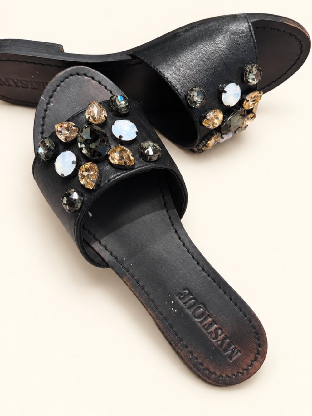 Mystique Black Leather Jeweled Slides Size 11
